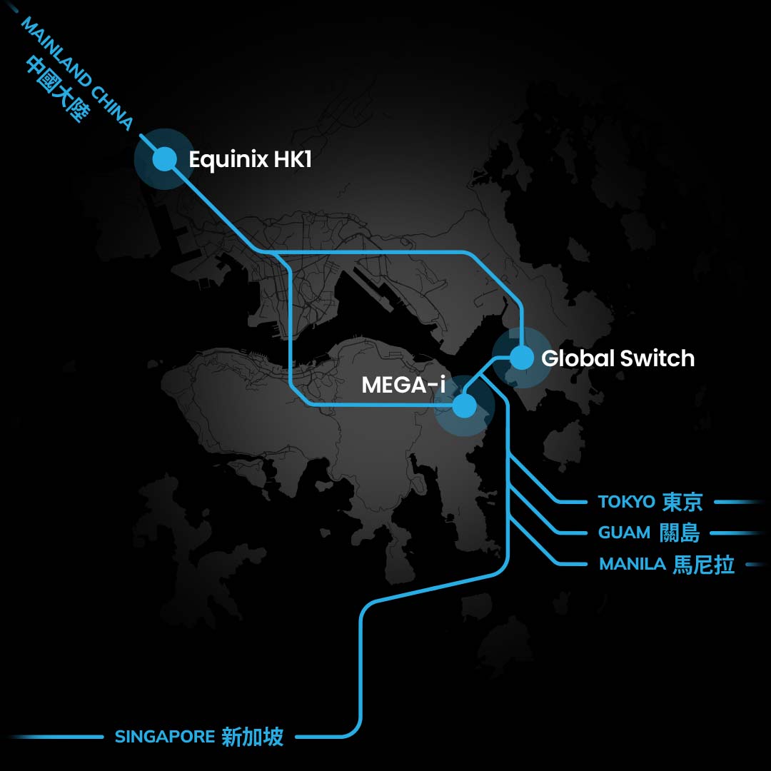 A map illustrating our Hong Kong data centers (Mega-I, Global Switch and Equinix HK1) and international connectivity to Mainland China, Guam, Tokyo and Singapore