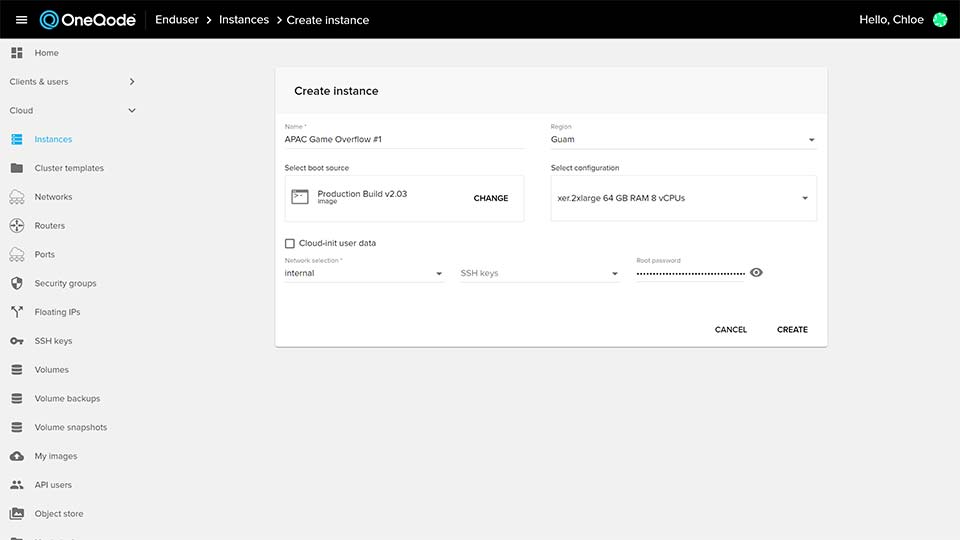 Screenshot of OneQode's Cloud Dashboard