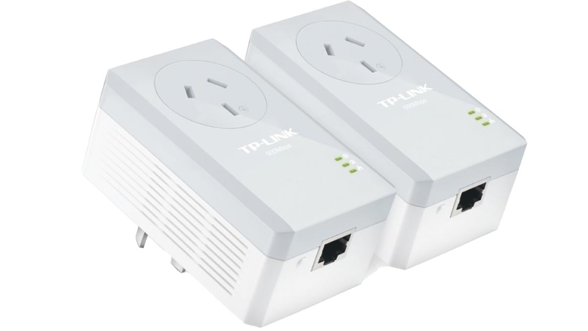An image of two powerline adaptors side by side, with power passthrough and ethernet ports.