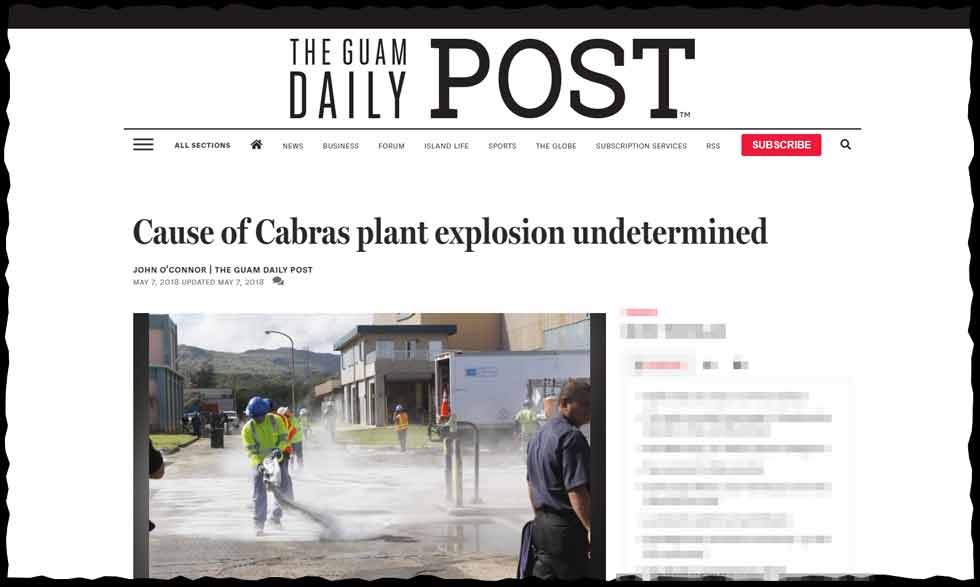 A headline from the Guam Daily Post titled 'Cause of Cabras plant explosion undetermined'