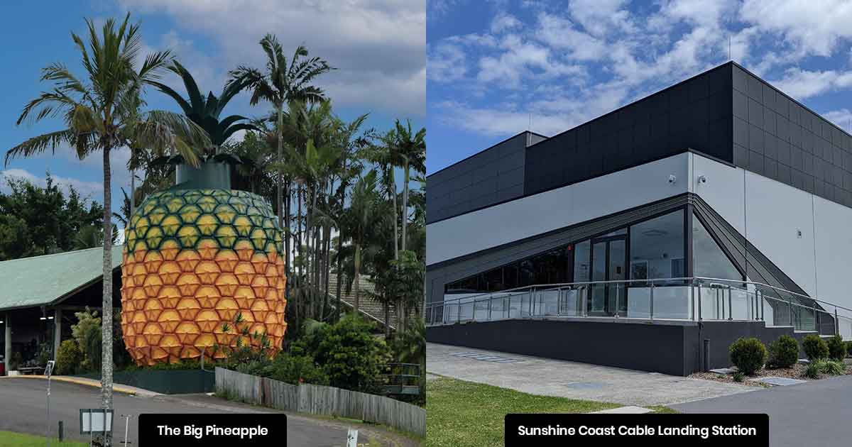 A two part image: on the left, the Big Pineapple tourist attraction, on the right, the Sunshine Coast Cable Landing Station
