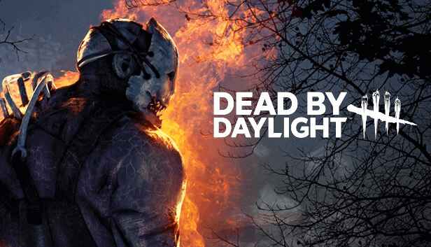 Dead by Daylight promotional image shows a masked man turned parallel to the camera, flames lighting his face.