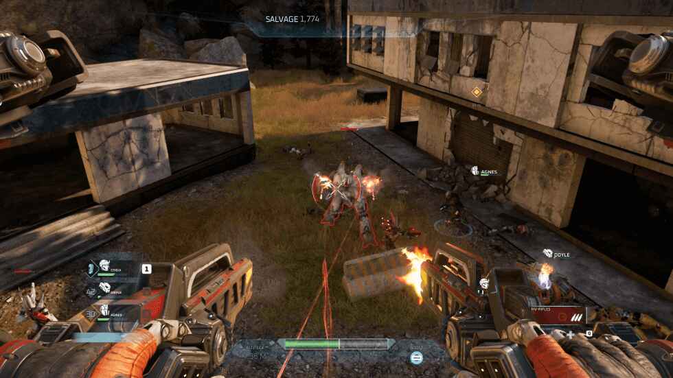 A screenshot of Disintegration's gameplay shows the first-person perspective of a player firing on an enemy in the campaign mode.