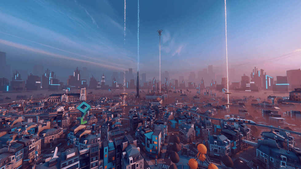 Hyper Scape's city setting of 'New Arcadia' is a futuristic digital city with beams of light and buildings stretching into the distance