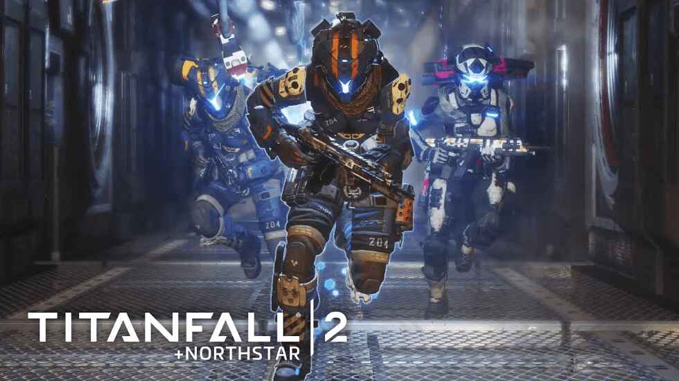 Promotional image for Titanfall 2's Northstar mod featuring three pilots running towards the camera