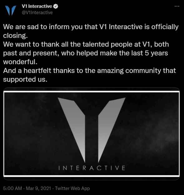 A screenshot of V1 Interactive's Twitter announcement confirming the studio's closure, dated March 9th 2021