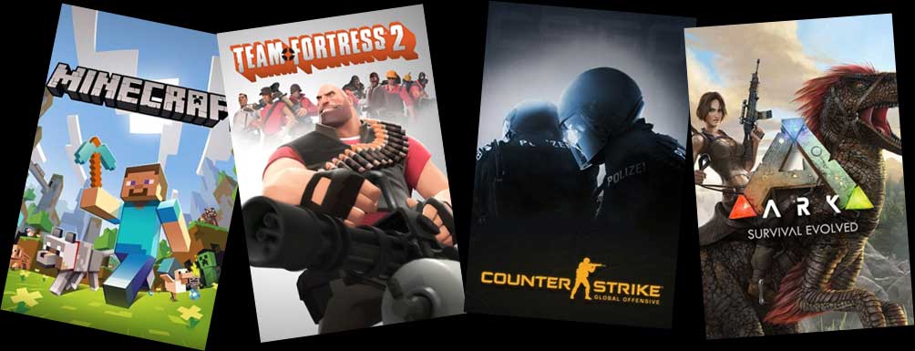 Stylised cover art for some of the games that anyone can host their own server for: Minecraft, Team Fortress 2, Counter-Strike: Global Offensive, and Ark: Survival Evolved.