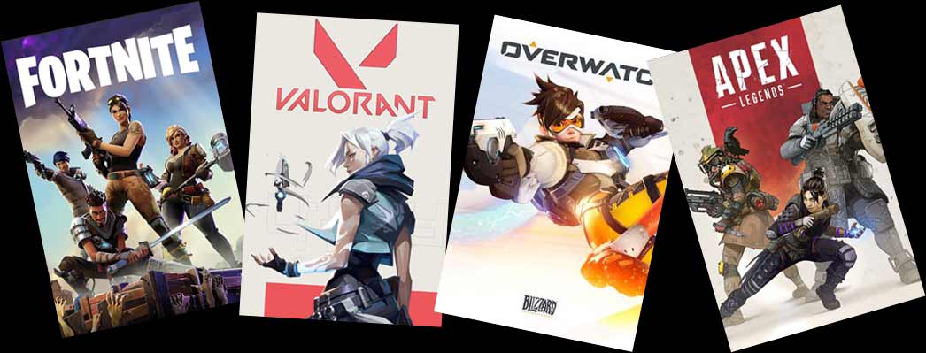 Stylised cover art for some of the games that you can't host your own servers for: Fortnite, Valorant, Overwatch and Apex Legends