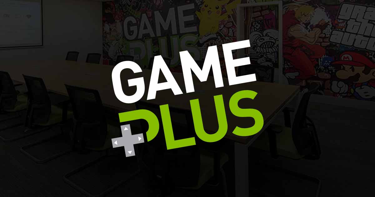 A stylised image of a meeting room in a Game Plus coworking space, with the Game Plus logo superimposed