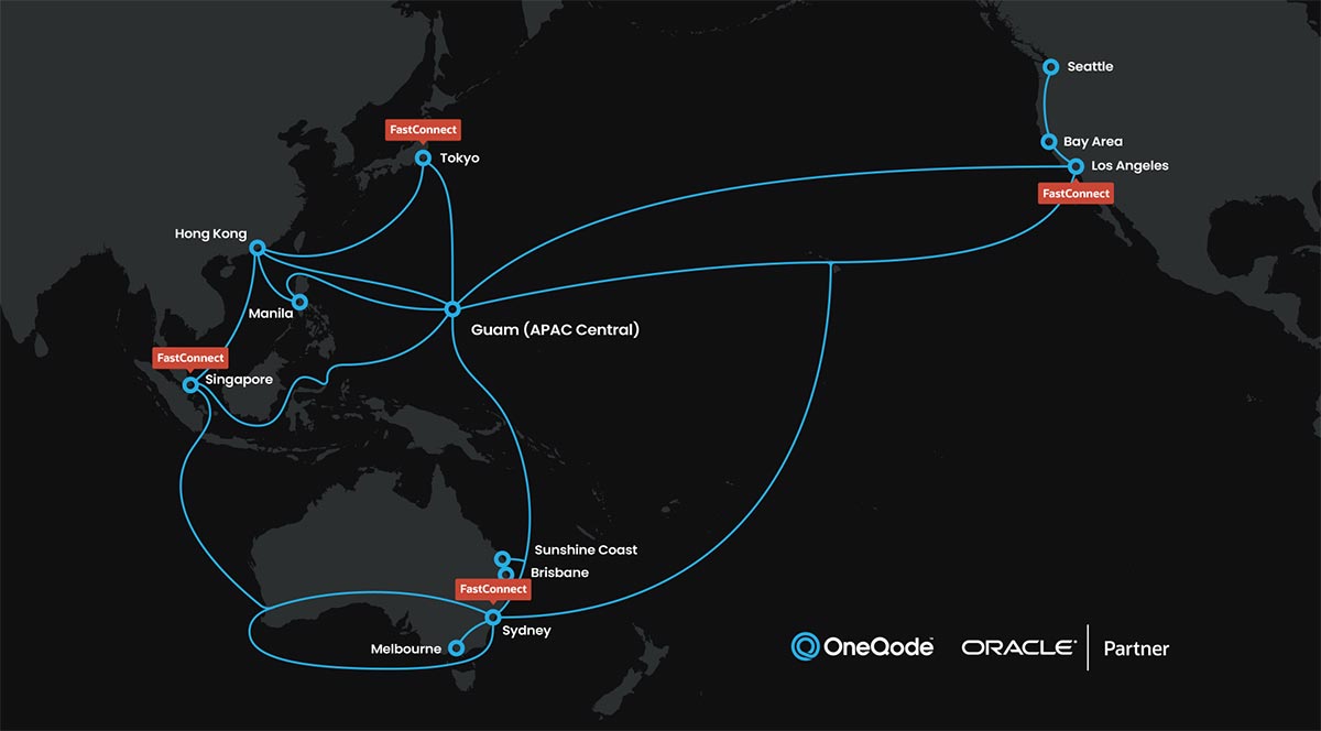 A map of the OneQode network with physical FastConnect locations annotated in Singapore, Tokyo, Sydney and Los Angeles